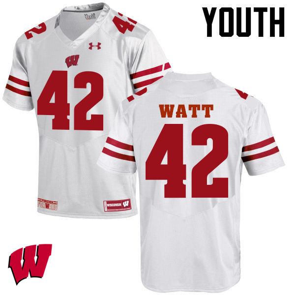 Youth Wisconsin Badgers #42 T.J. Watt College Football Jerseys-White - Click Image to Close
